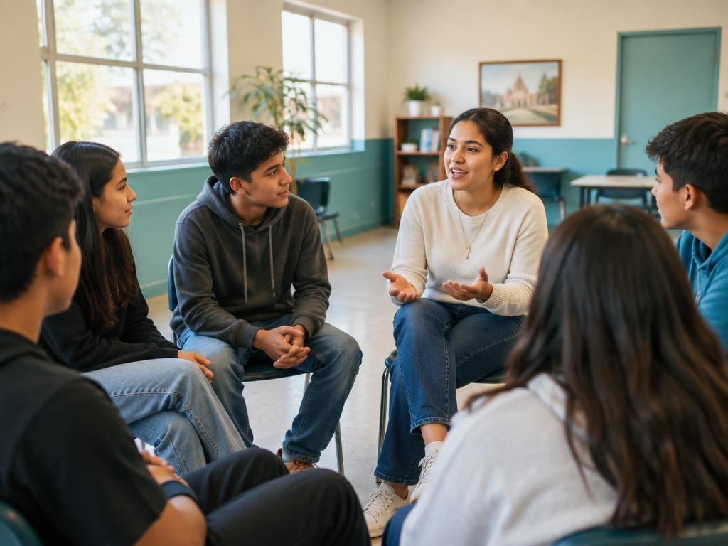 Facilitadora conversando en círculo con adolescentes en un centro comunitario