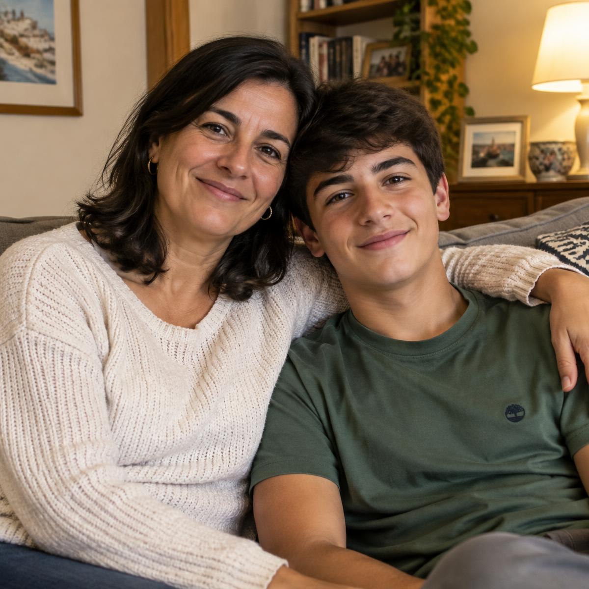 María, madre de familia del programa de lazos familiares, sonriendo junto a su hijo adolescente